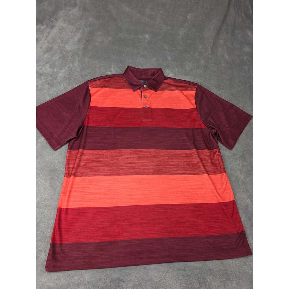 Roundtree & Yorke Performance Mens Large Burgundy Orange Striped Golf Polo Shirt